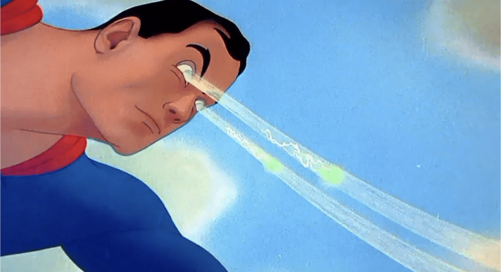 Superman flying with X ray vision shooting out of his eyes.