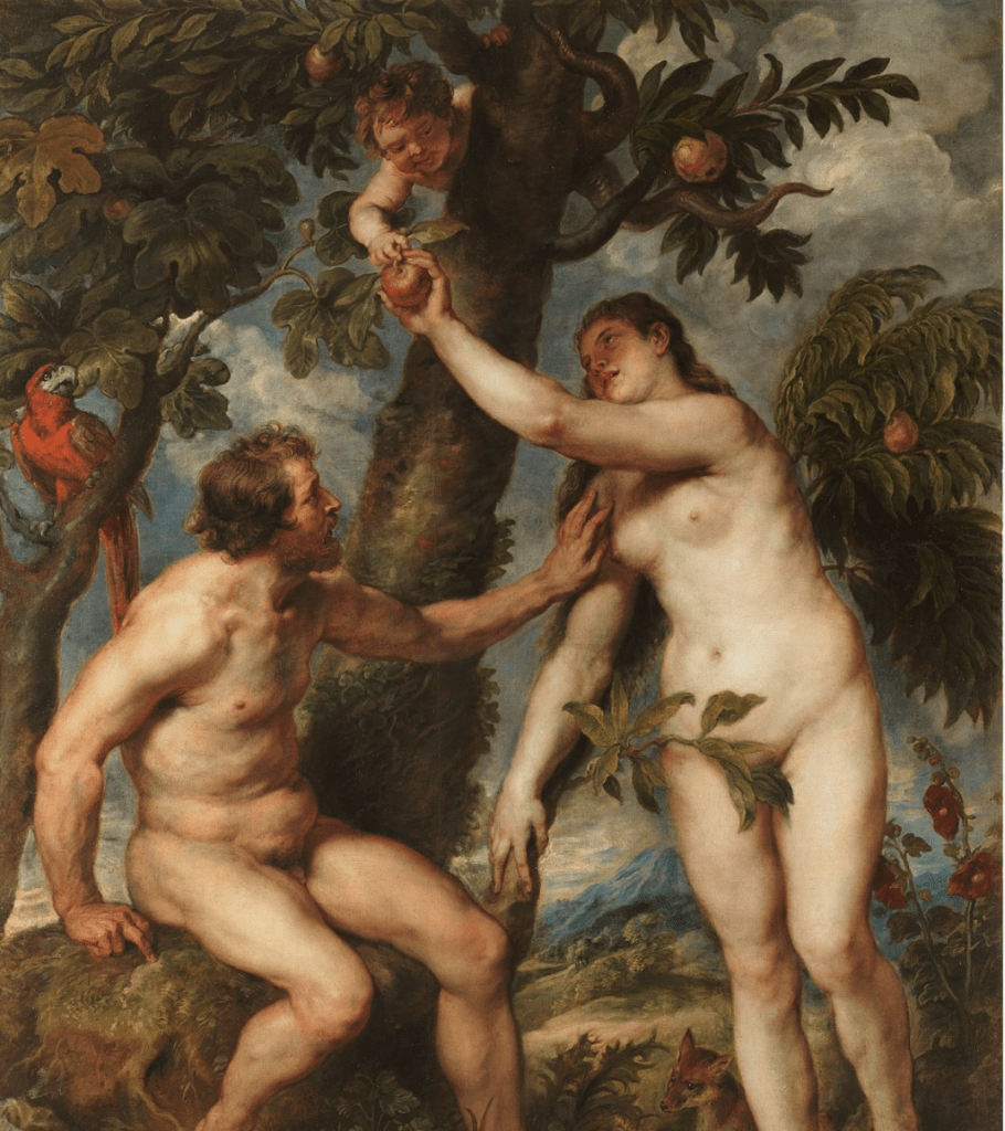 Adam and Eve picking fruit from a tree