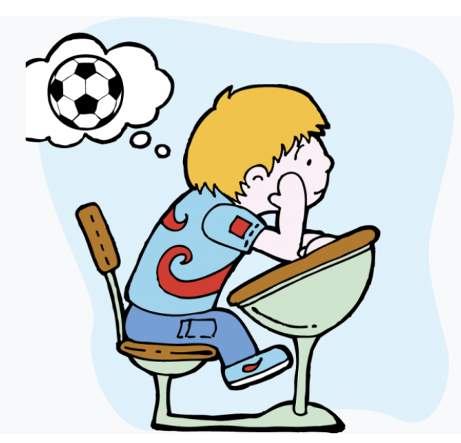A cartoon boy sat at a desk daydreaming about football