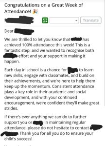 An email which talks about how attending school everyday is contributing to how successful your child is.