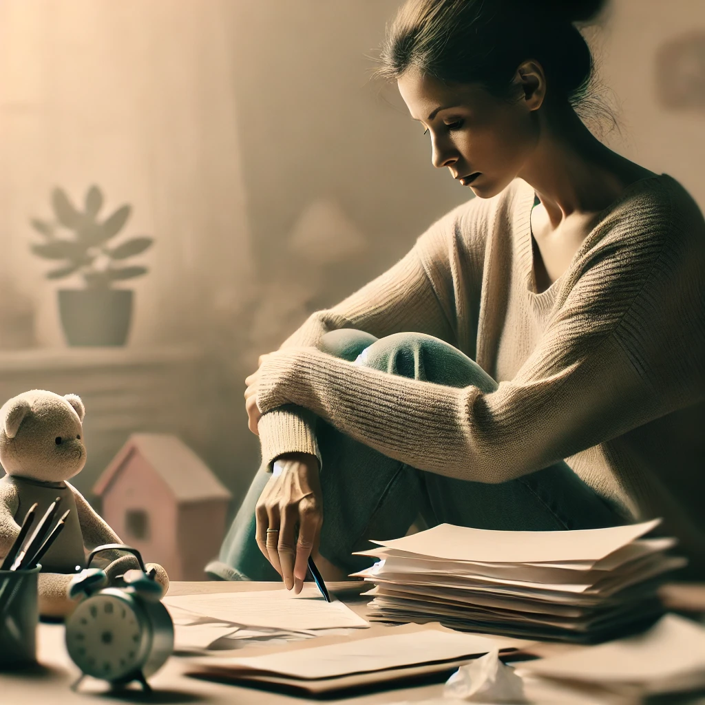 A lady sat looking at the floor downcast