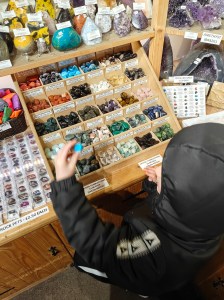 Picking out crystals in a crystal shop